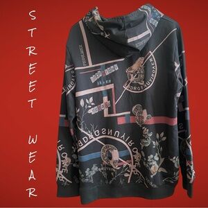 Men’s XL Black Hooded Streetwear Sweatshirt / Grunge Sexy Floral Hip Hop